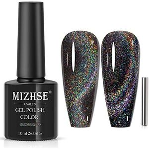 MIZHSE zwart Rainbow Cat Eye-gellak Holografische 9D Cat Eye-nagellak Magnet Gel Polish Manicure Nail Art met magneet 10ML (0.33fl oz)