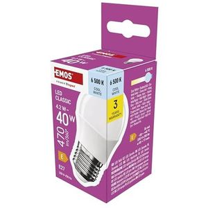 EMOS LED-lamp Mini Globe, 4,2W vervanging voor 40W gloeilamp, kleine lamp met E27-fitting, helderheid 470 lm, koud wit 6500 K, 30.000 h levensduur, CRI min. 80, 150° stralingshoek