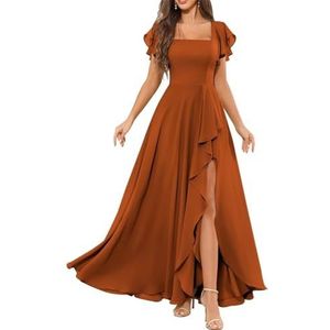 Chiffon galajurken met spleetplooien, bruidsmeisjesjurken voor bruiloft, cocktailjurk, grote maten, Verbrand Oranje, 32