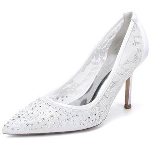 EICOFF Dames Puntige Teen Kant Bloem Bruiloft Bruids Schoenen Vrouwen Hoge Hak Stiletto Pumps Strass Slip-op Jurk Avond Feestschoenen,Wit,35 EU