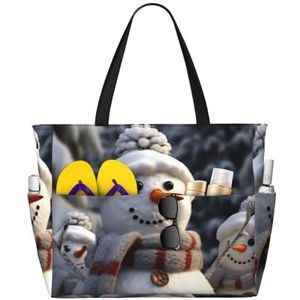 DJHVJS Bruin houten patroon gedrukt Grote Strandtas Mode Zip Handtas Dames Tote Bag, Kerstmis Sneeuwman, Eén maat