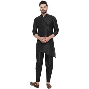 Lakkar Haveli Mannen Indiase traditionele Shirt Kurta Trail Cut Wedding Party Wear Big Tall Pyjama Pant Set Zwart Zijde, Zwart, XX-Small Big Tall