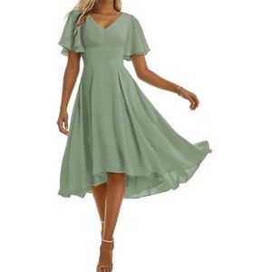 Korte bruidsmeisjesjurken voor dames, hoge lage formele bruiloftsgastjurk met mouwen en V-hals, avondjurk, Sage Groen, 48 grote maten