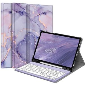 FINTIE Toetsenbordhoes voor Samsung Galaxy Tab S10 Lite/S10 FE/S9 FE 10,9 inch en S9 11 inch tablet, toetsenbordhoes met magnetisch afneembaar Duits bluetooth-toetsenbord, paars marmer