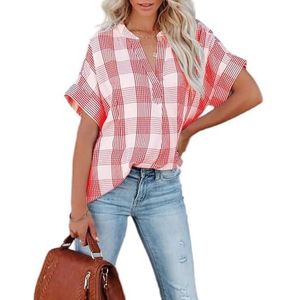 Geruit shirt met korte mouwen vr-2527, Rood, S