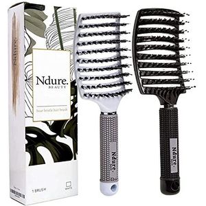 Gebogen geventileerde varkenshaar styling haarborstel, 2 stuks, antistatische ontklitter, dik, fijn of krullend haar, nat of droog gebruik, snel föhnen, gebruik op lang of kort haar. Witte en zwarte