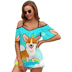 Eenhoorn Corgi hond met hoorn en vleugels vrouwen blouse koude schouder korte mouw jurk tops t-shirts casual t-shirt XL