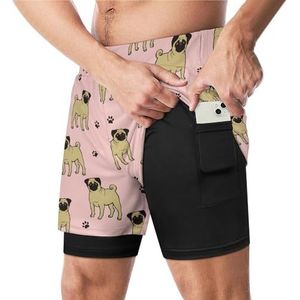 Grappige Happy Pug Dog Grappige Zwembroek met Compressie Liner & Pocket Voor Mannen Board Zwemmen Sport Shorts