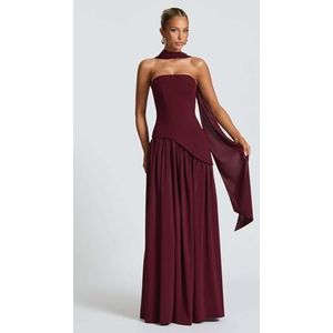 Satijnen bruidsmeisjesjurken met één schouder, 2025 geplooide formele jurk met split, lange galajurken(Burgundy,XL)