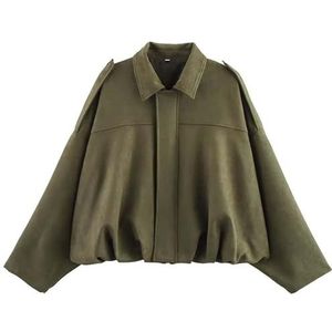 TAUIANE Womens Faux Suede Bomber Jacket, Casual Lapel Pilot Cropped Coat, Oversized Motorcycle Jackets, Oversized Long Sleeves Trendy Streetwear Outerwear,Army green,L