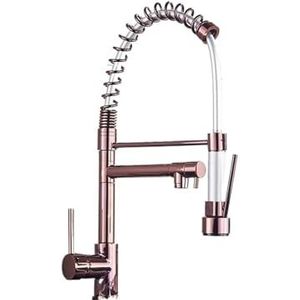 Keukenveer kraan met pull-down sproeier 360 graden draaibaar tafelblad enkel handvat warm en koud water mixer gootsteen kraan (kleur: roségoud)