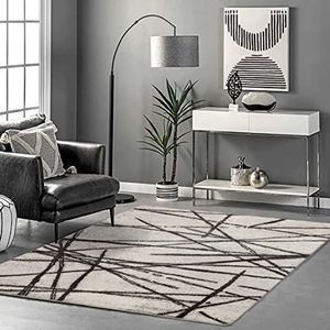 Calore Vloerkleed, woonkamer, beige, slaapkamer, wollig, laagpolig, wasbaar, donkerbruin, gestreepte tapijten (120 x 160 cm, beige)