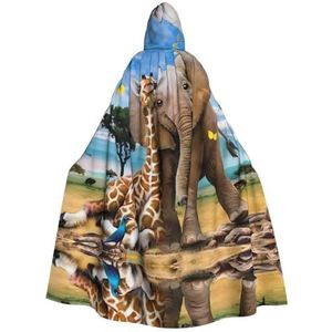 Womens Mens volledige lengte carnaval cape met capuchon cosplay kostuums mantel, 185 cm olifant en giraffe