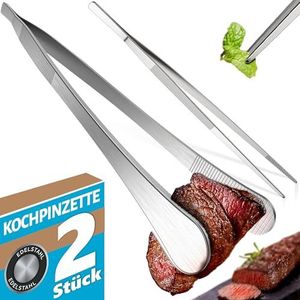 Menz Kookpincet set - 2 stuks kooktpincet roestvrij staal, pincet keuken 30 cm, ronde grillpincet voor koken en braden + puntige keukenpincet om te decoreren