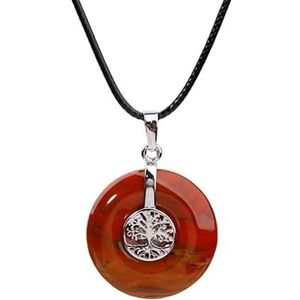 Women Natural Stones Leather Necklace Roud Tree Of Life Charm Stone Pendant Necklace Fashion Women Male Yoga Jewelry (Color : Red Stone)