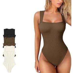 Mouwloze Tanktops Met Buikcontrole, Body's, Naadloze Body Met Hoge Taille En Vierkante Hals, Sexy Mouwloze Geribbelde Body Met Buikcontrole En Korte Mouwen(Coffee,L)