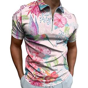 Tropische bloemen en kolibries heren poloshirt met rits T-shirts casual korte mouwen golf top klassieke pasvorm tennis tee