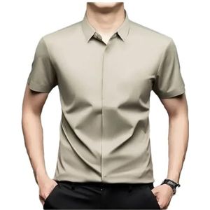 Mannen Zijden Business Jurk Shirts Mannelijke Kleding Luxe Anti-Rimpel Knop Elastische Tops, S Khaki, S