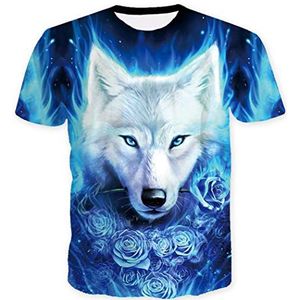 Ocean Plus Heren Teken Korte Mouwen T-shirt Plezier Top Dieren Galaxis Leeuw Onderhemd (3XL/180-185, Blauwe wolf met witte rozen)