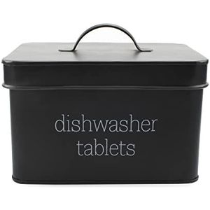 AuldHome Zwarte Vaatwasser Pod-houder, Tabletcontainer; Emailware Keuken Opbergblik Met Deksel