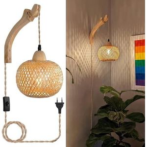 Houten Binnen Wandlamp, Vintage Wandlamp met Stekker en Schakelaar, E27 Retro Bamboe Lantaarn, Rotan Nachtkastlamp Voor Slaapkamer, Woonkamer (Zonder Gloeilamp)