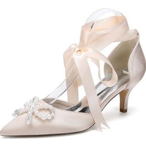 KYEGLO Sluitbare Sandalen Met Hoge Hakken, Parels En Strass-Steentjes/Kitten Heels Met Puntige Neus En Enkelbandje, Feest- En Bruiloftsschoenen, Cadeaus Voor Vrouwen,Champagne,36