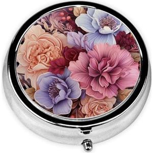 Pillendoosje met spiegel, retro pillendoosje met 3 vakken, violette en karmozijnrode bloemen, kleine pillenorganizer voor portemonnee of zak, decoratieve metalen medicijnen, vitamine-organizer, unieke