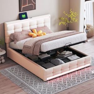 Aunvla Gestoffeerd bed, 140 x 200 cm, gevoerd led-bedframe met grote opbergruimte en 2 USB-oplaadstations, bedframe, hoofdeinde, in hoogte verstelbaar, grote opbergruimte van linnen stof, gevoerd