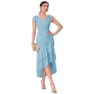 jurken voor dames Jurk met gestrikte schouder en ruches aan de zoom met ruches - Elegante, mouwloze lange jurk met V-hals en A-lijn (Color : Blue, Size : XL)
