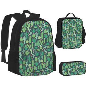 SUHNGE Roze Flamingo's Print Tiener Boekentas Lunch Tas Potlood Case 3 in 1 School Rugzakken Set Kids Rugzak, Schattige Cactus Naadloze Illustratie, Eén maat