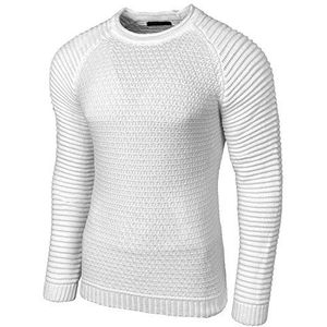 Baxboy Gebreide trui heren Two Tone ronde hals pullover grof gebreid B-8056, wit, L