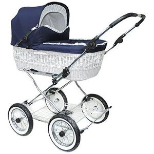 Eichhorn SEN-WW-K041-RFS-AIR wilgenmand kinderwagen met lederen riemenframe met schuifhoogteverstelling mand wilgentenen wit, luchtband, stof marineblauw