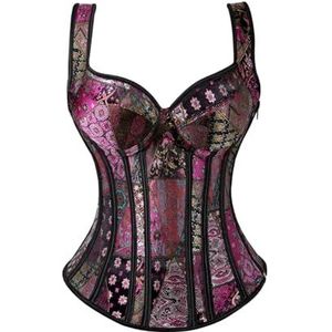 CHICSTYLE Korset Vrouwen Corset met Bandjes Zwart Overbuste Korset Plus Size Bloemen Jacquard Corset Rits Top Steampunk Corset, Paars 1, M