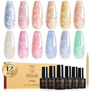 ROSALIND Uv-nagellak Pearl, 12 kleuren, blauw, roze, goud, groen, glinsterend, pareleffect, spiraal, gel, nagellak met stick, thread shell gellak, soak-off mini uv/led-kleurgel voor nail art, manicure