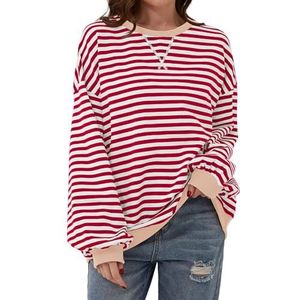 TERIVEEK 2000 Oversized sweatshirt voor dames met lange mouwen en ronde hals, casual gestreepte trui met losse pasvorm, Rood/Wit, S