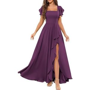 Chiffon galajurken met spleetplooien, bruidsmeisjesjurken voor bruiloft, cocktailjurk, grote maten, Pruim, 32