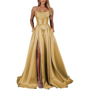 KIYNE Satijnen galajurken voor dames met steekzakken en spaghettibandjes, lange formele avondjurk, Goud, 32