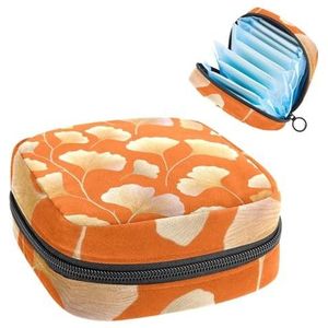 Opbergtas voor maandverband, naadloze ginkgo-bladeren op oranje achtergrond, draagbare maandverband, inlegkruisjes, tampons, opberghouder voor maandverband voor vrouwen, school, kantoor