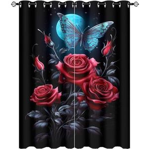 AEMYSKA Mooie rozen thermisch geïsoleerde tule verduisterende gordijnen blauwe vlinder rode bloem kamer verduistering warmte-isolerende gordijnen gordijnen voor slaapkamer 2 panelen