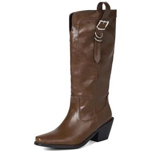 TNMIUH Western kniehoge laarzen voor dames, spitse neus, blokhak, dubbele gesp, casual lange laarzen voor dames, verkrijgbaar in zwart en bruin,Bruin,35.5 EU