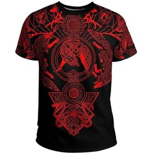 Noorse Mythologie Raven Tattoo T-shirt - Unisex Viking 3D Bedrukte Odin Fenrir Classic Harajuku Losse Korte Mouw - Zomer Vegvisir Tattoo Pagan Sports Top (Color : Wolf red, Size : XS)