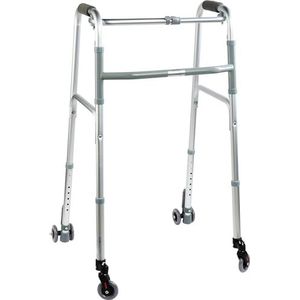 Opvouwbare rollator, in hoogte verstelbaar, met 2 stuurwielen en 2 zelfborgende tweelingen met drukremsysteem (2 zwenkwielen + 2 autobloc-wielen)