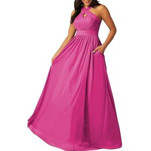 KURFACE Chiffon bruidsmeisjesjurken voor dames met zakken geplooide lange formele feestjurk voor dames, Fuchsia, 44
