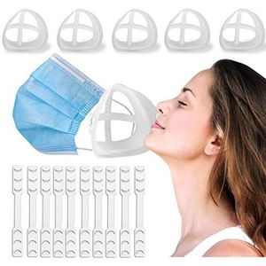 5 stks 3D Masker Beugel + 10 stks Ear Savers, Masker Extender Inner Support Frame Siliconen lippenstift Protector Meer ruimte voor Comfortabele Ademhaling Wasbaar Herbruikbaar (Wit)