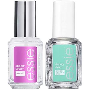 Essie Nagellak Base Coat verharder Strong Start met biotine kleur transparant + Essie nagellak top coat sneldrogend glanzend kleur transparant