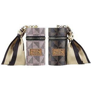 Adorila 2 Pack Lippenstift Organizer, Lederen Lipgloss Tas met Sleutelhanger, Draagbare Mini Lipstick Case voor Portemonnee, Bruin+Roze