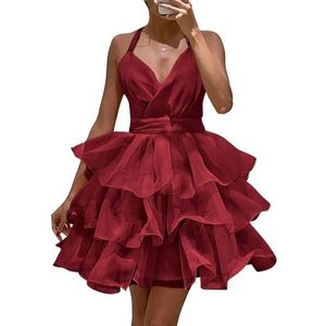 Tiener Gelaagde Tule Thuiskomst Jurk Halter Hals Gezwollen Backless Korte Prom Gown Cocktail Jurk, Bordeaux, 34