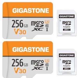 Gigastone 256 GB Micro SD-kaart, 2 stuks, 4K Video Pro, GoPro, Surveillance, Beveiligingscamera, Actiecamera, Drone, 100MB/s MicoSDXC-geheugenkaart UHS-I V30 Klasse 10