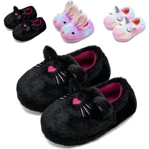 Pantoffels voor jongens en meisjes, winter, zachte warme pluche pantoffels en antislipzool, voor binnen en buiten, Kat zwart, 34/35 EU
