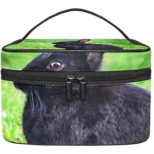 Zwarte wilde konijn haas groene grasland make-up organizer tas, reizen make-up tas organizer case draagbare cosmetische tas voor vrouwen en meisjes toiletartikelen, Meerkleurig, 22.5x15x13.8cm/8.9x5.9x5.4in